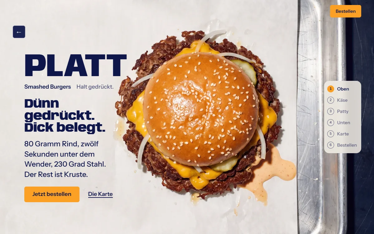 Startansicht der PLATT-Website mit einem Smash Burger