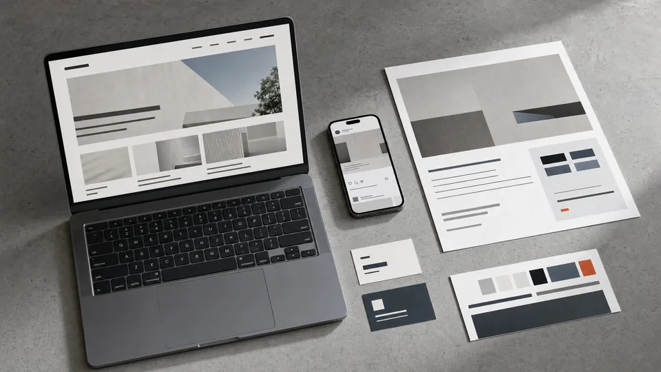 Arbeitsfläche mit Website-Ansicht, Smartphone, Flyer und Karten für den Unternehmensauftritt.