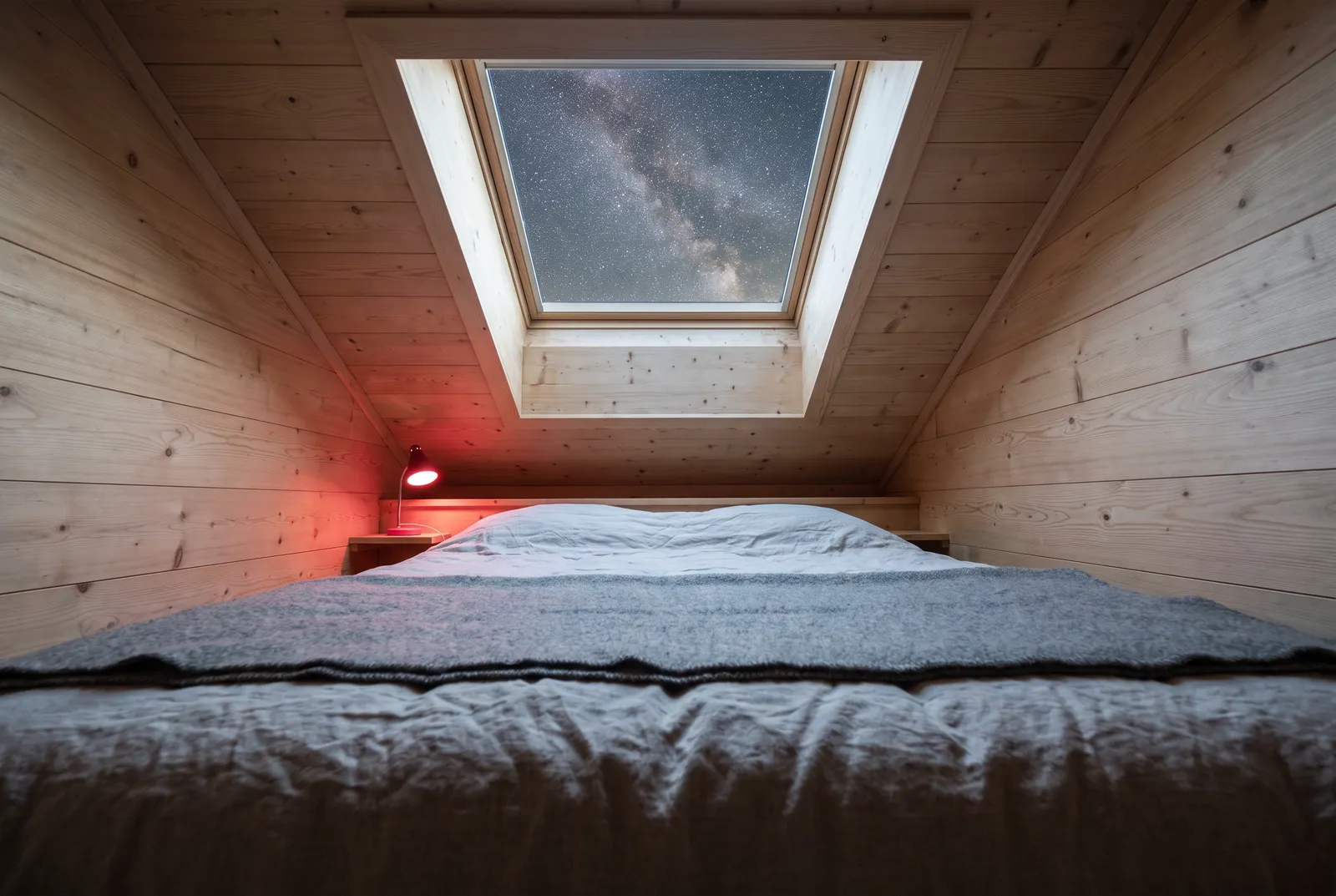 Zimmer Zenit: ein niedriges Bett aus Leinen und Wolle unter einem quadratischen Dachfenster voller Sterne, eine rote Leselampe.
