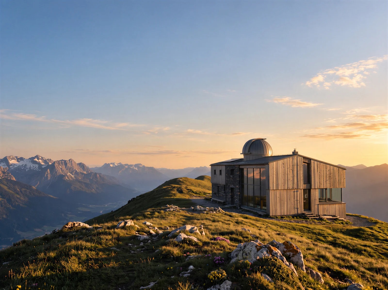 Das Refugium Lichtjahr aus Lärchenholz, Stein und Glas mit kleiner Sternwarten-Kuppel steht allein auf dem Kalten Grat im späten Nachmittagslicht.