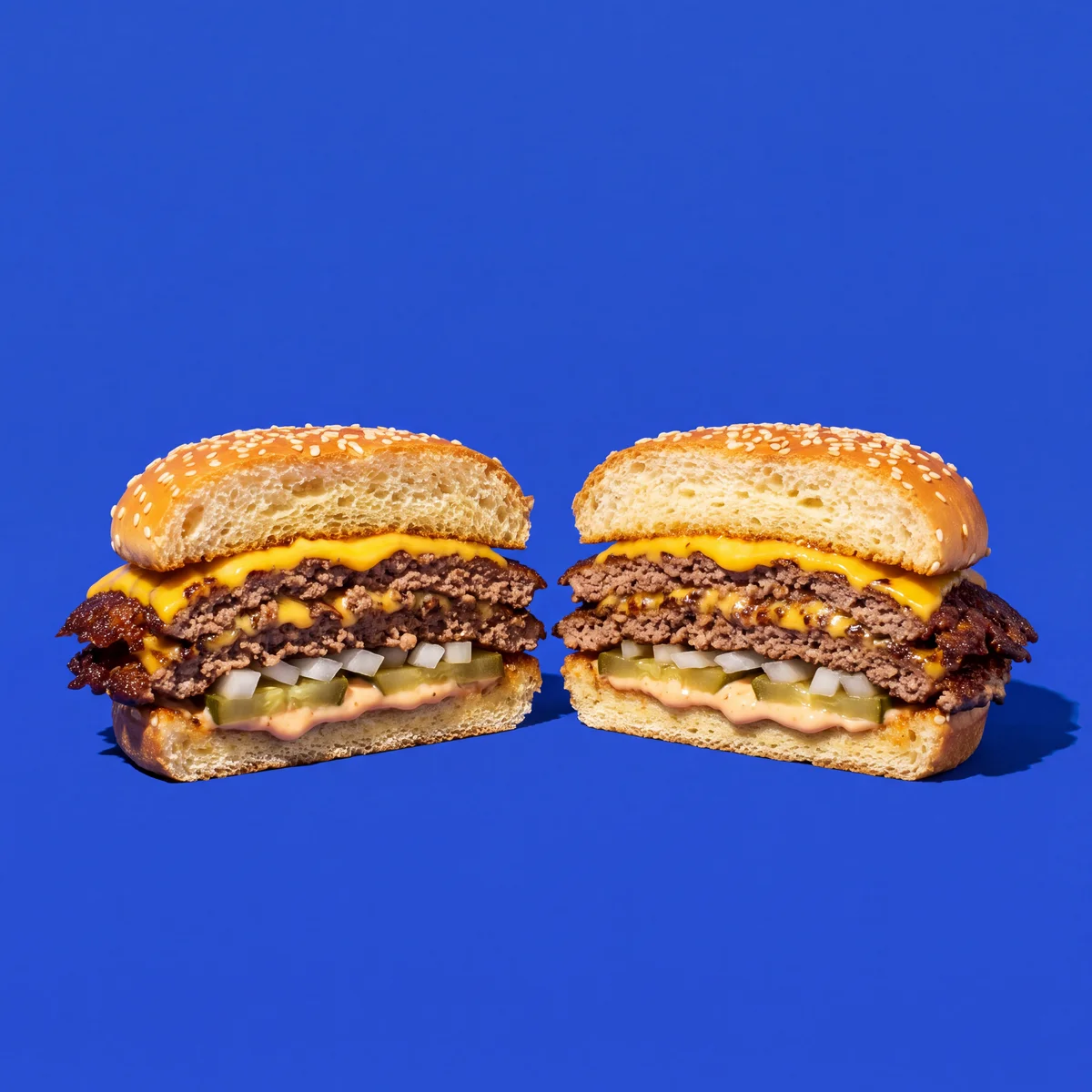 Ein doppelter Smash Burger, sauber halbiert: Brötchen, Käse, zwei Patties mit Kruste, Zwiebel, Gurke, Sauce, Boden.